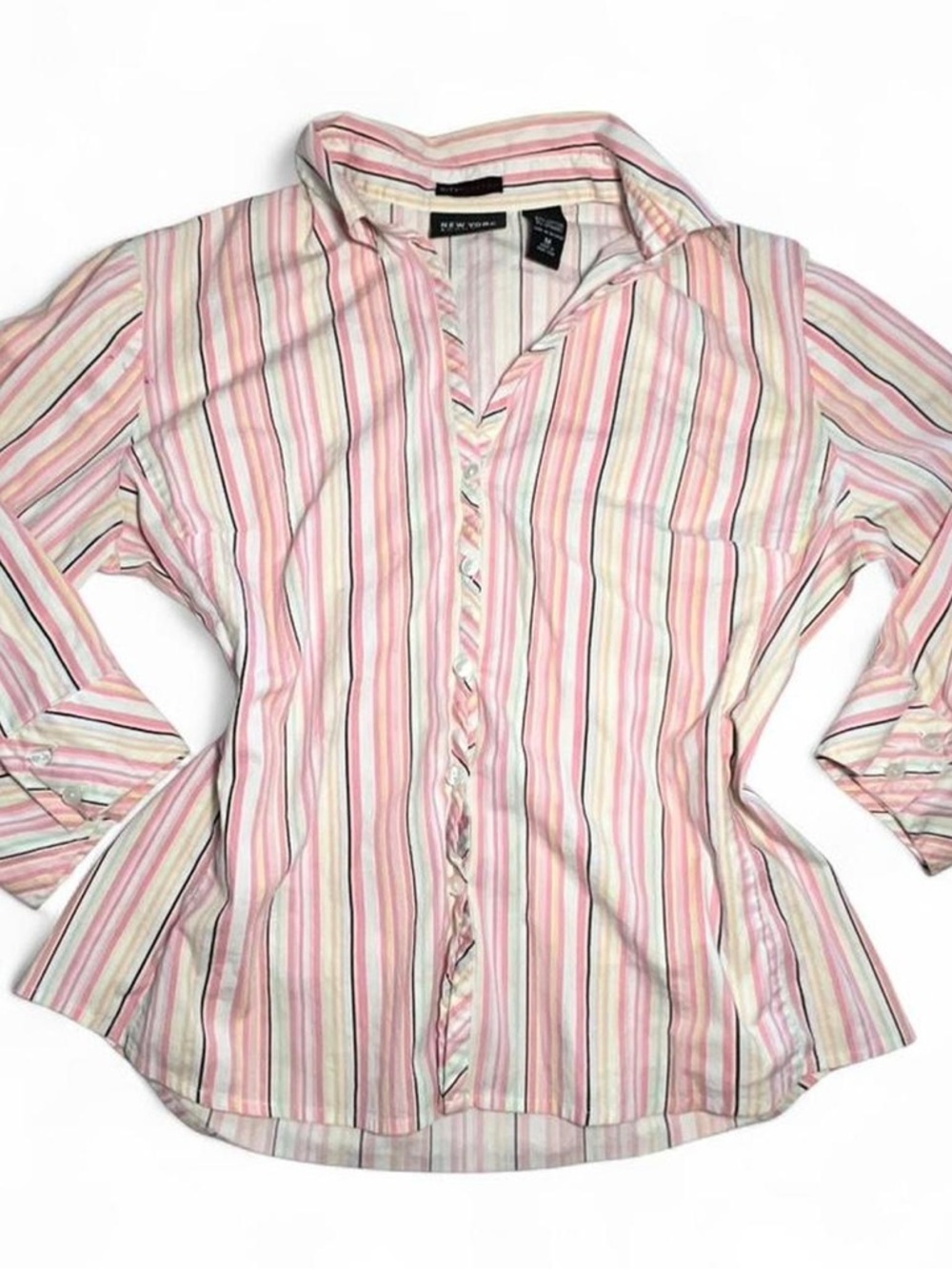 New York & Company Multi-Striped Pink Button-Down Shirt